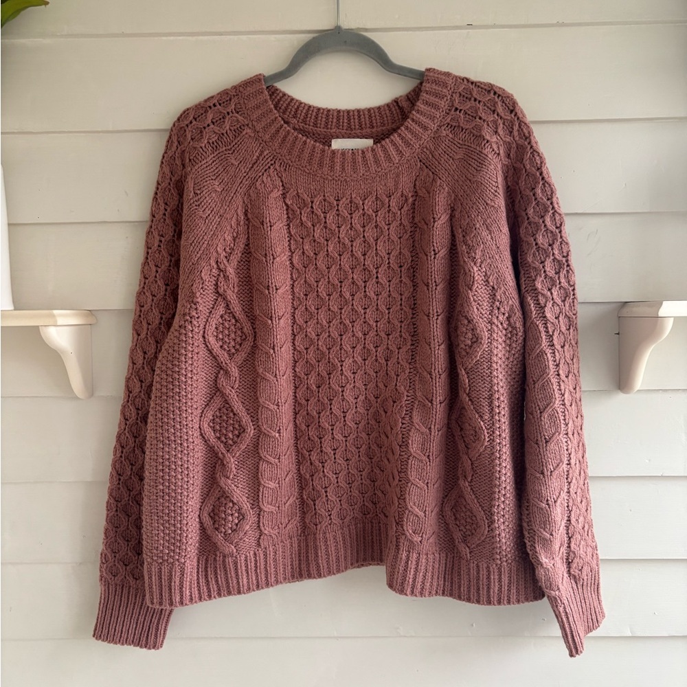 Lucky Brand Women's Mixed Cable Knit Crewneck Sweater Dusty Rose Size XL NWT